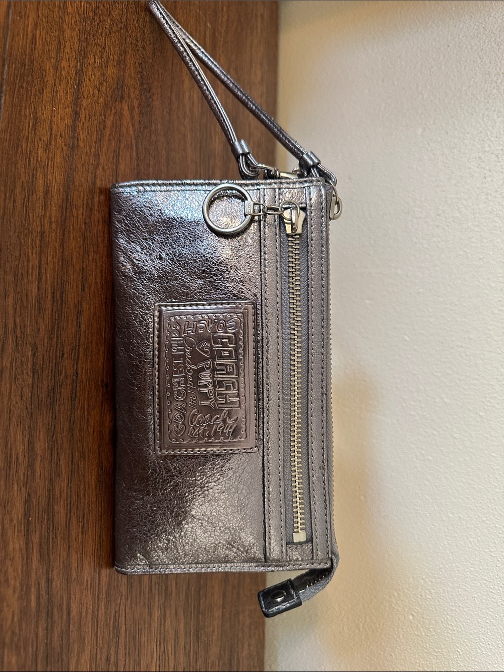 Coach Poppy Metallic Pewter Leather Wristlet Wallet with Zip
